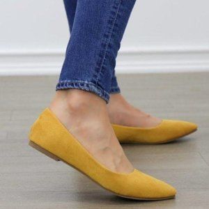 Mustard Yellow Vegan Suede Pointy Toe Flat Shoes